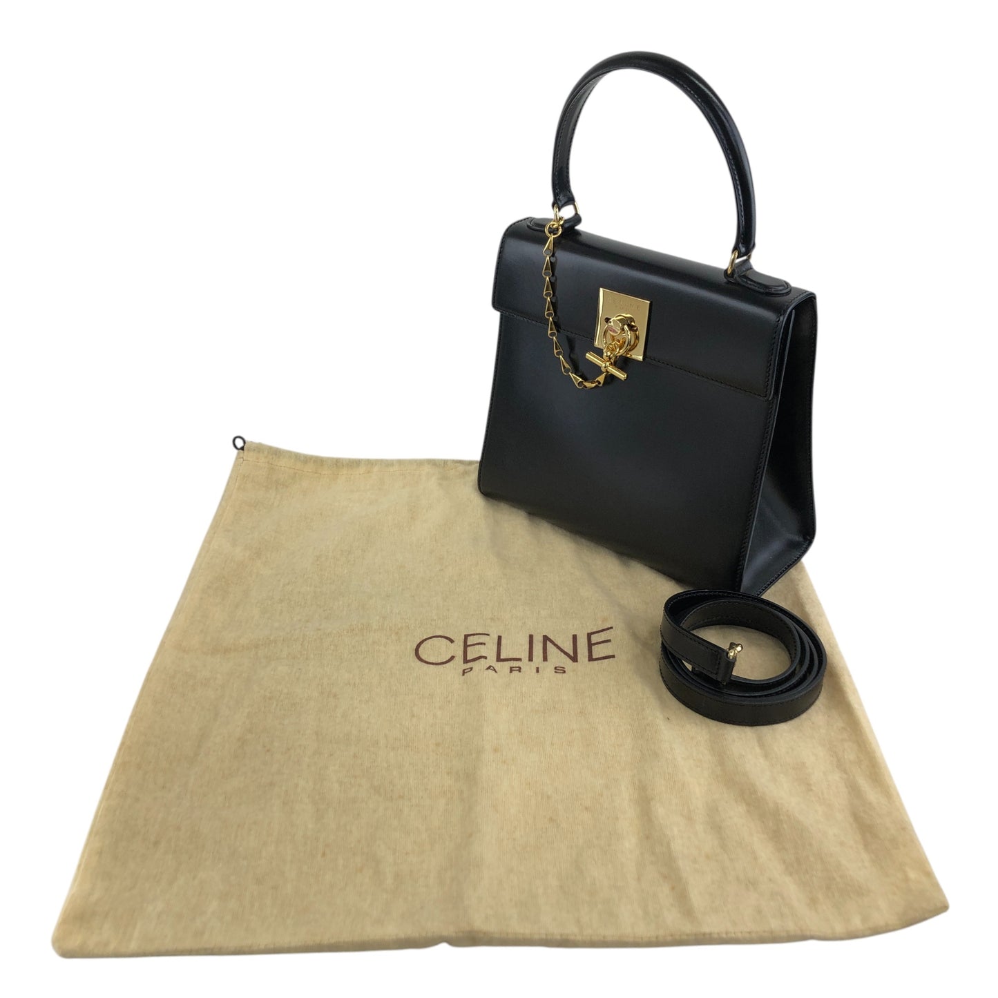 CELINE Gancini Two-way Handbag Shoulder bag Black Vintage r5552p