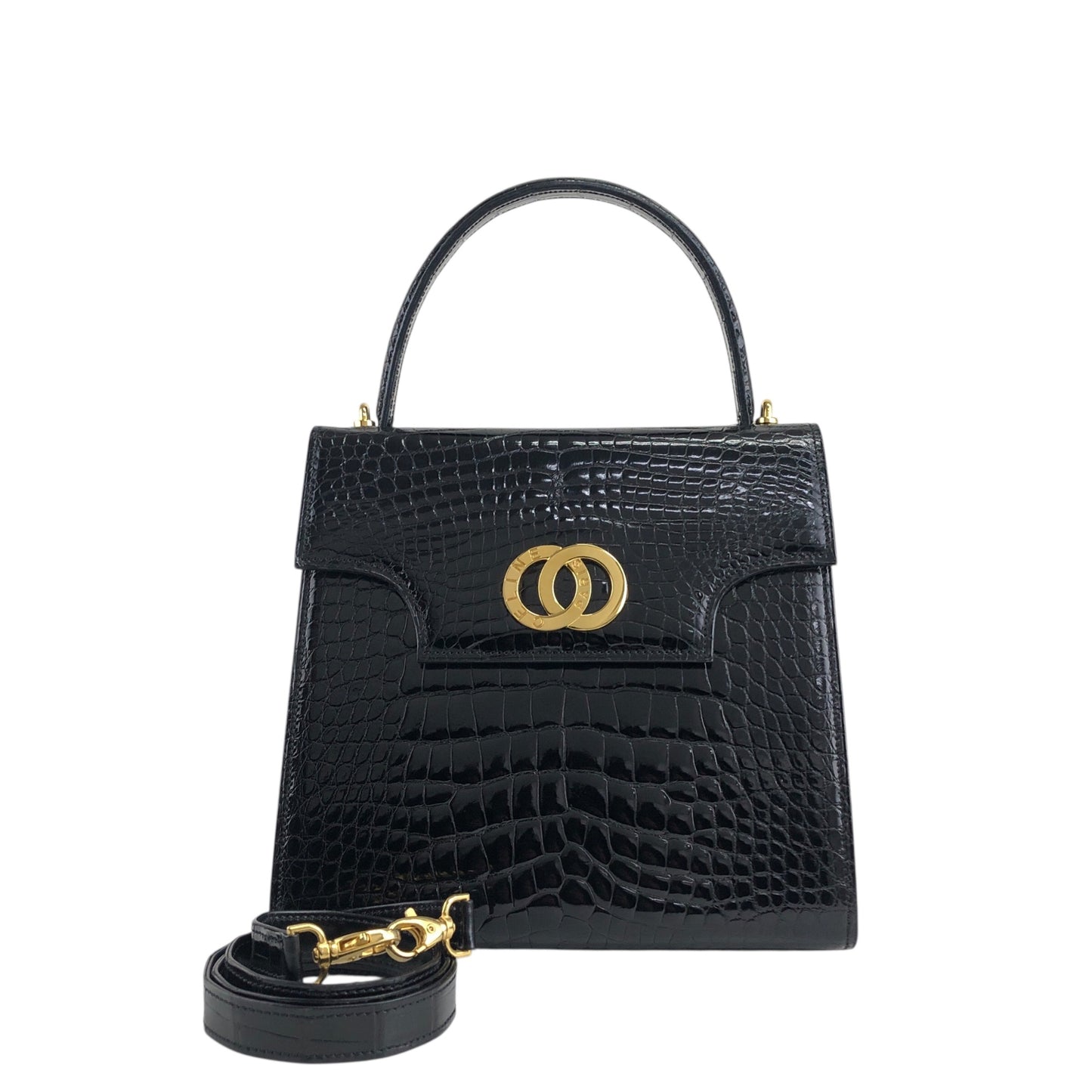 CELINE Circle Logo Two-way Top Handle Handbag Shoulder bag Black Vintage bwjy43
