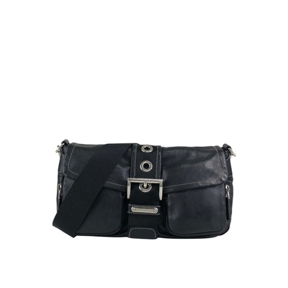 PRADA Triangle Logo Front Buckle Double Pocket Shoulder bag Black Vintage vjewiz