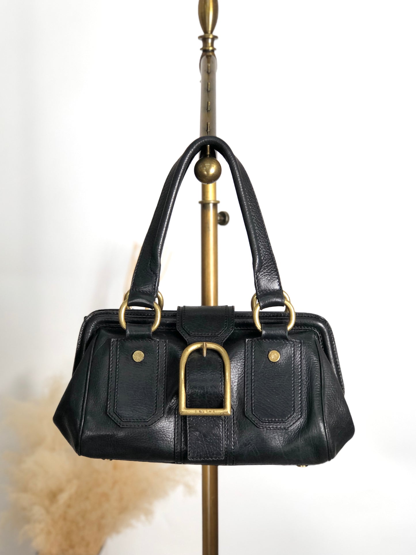CELINE Front Buckle Small Boston bag Handbag Black Vintage nxugts