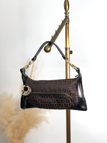 FENDI Zucchino Logo Charm Handbag Hobobag Brown Vintage fhfygp