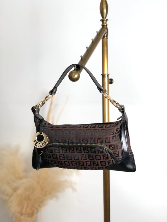 FENDI Zucchino Logo Charm Handbag Hobobag Brown Vintage fhfygp