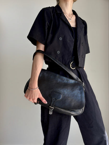 PRADA Logo Front Buckle Shoulder bag Hobobag Black Vintage m5w8bc