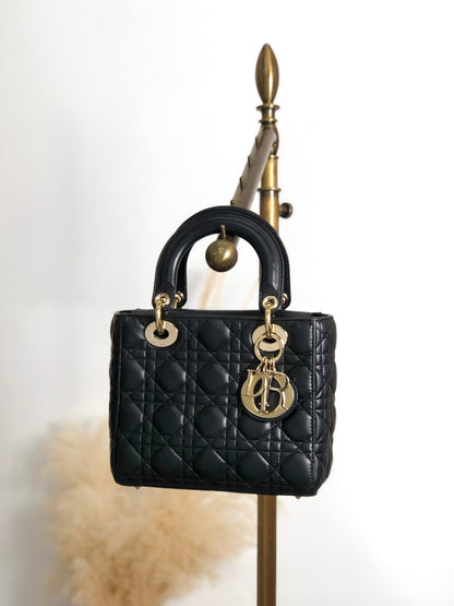 Christian Dior Lady Dior Cannage Logo Charm Handbag Black Vintage 885e65