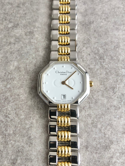 Christian Dior Logo Quartz Watch Silver×Gold 48-203 Vintage p6k3w8