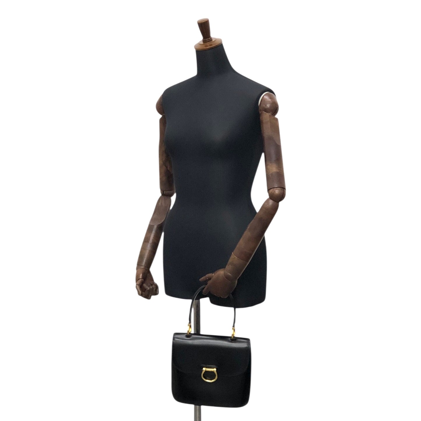 CELINE Gancini Double Flap Handbag Black Vintage j7dwju