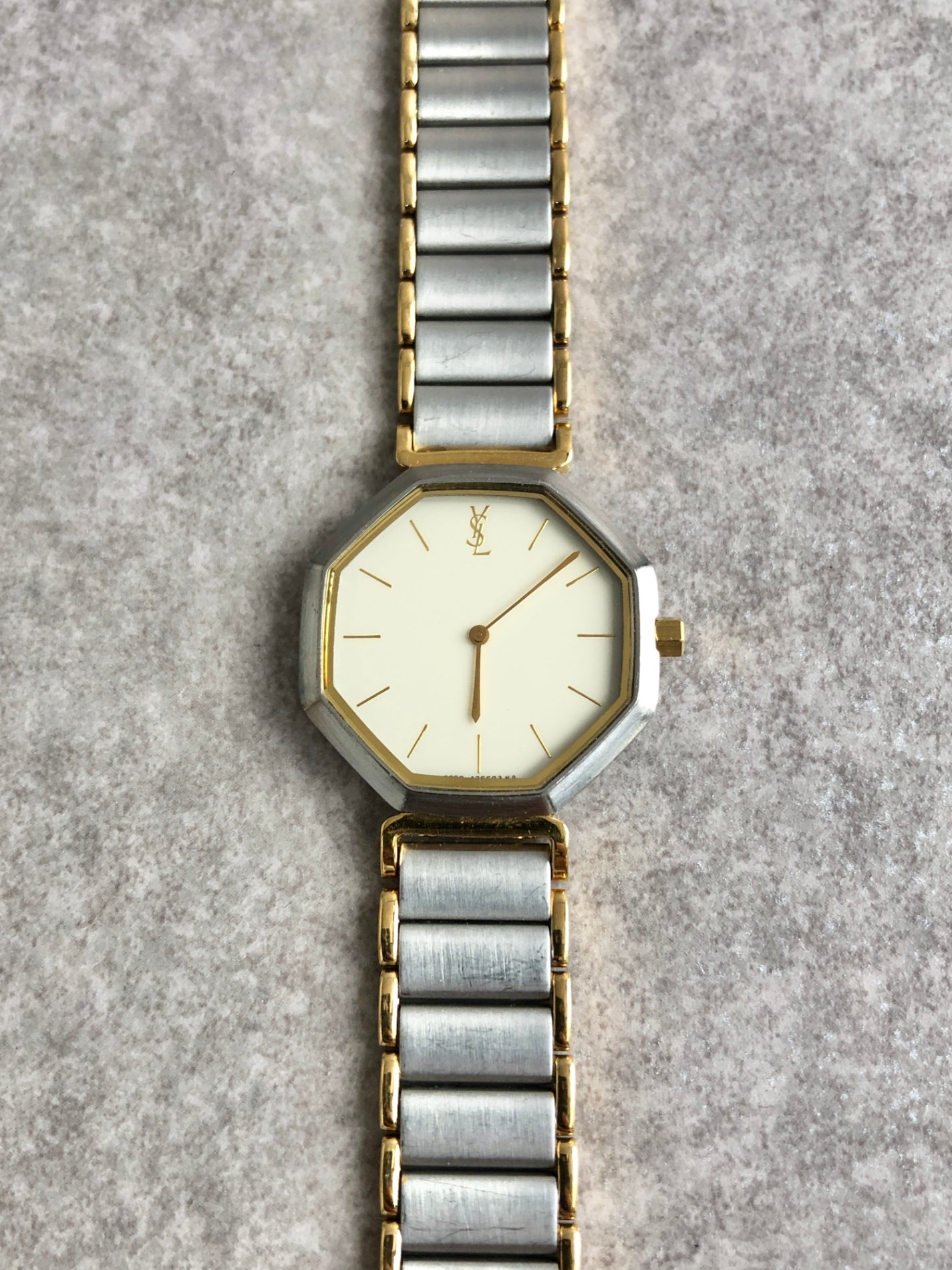 Yves Saint Laurent Octagon Quartz Watch Silver×Gold 2200-222377 Vintage g5ze82