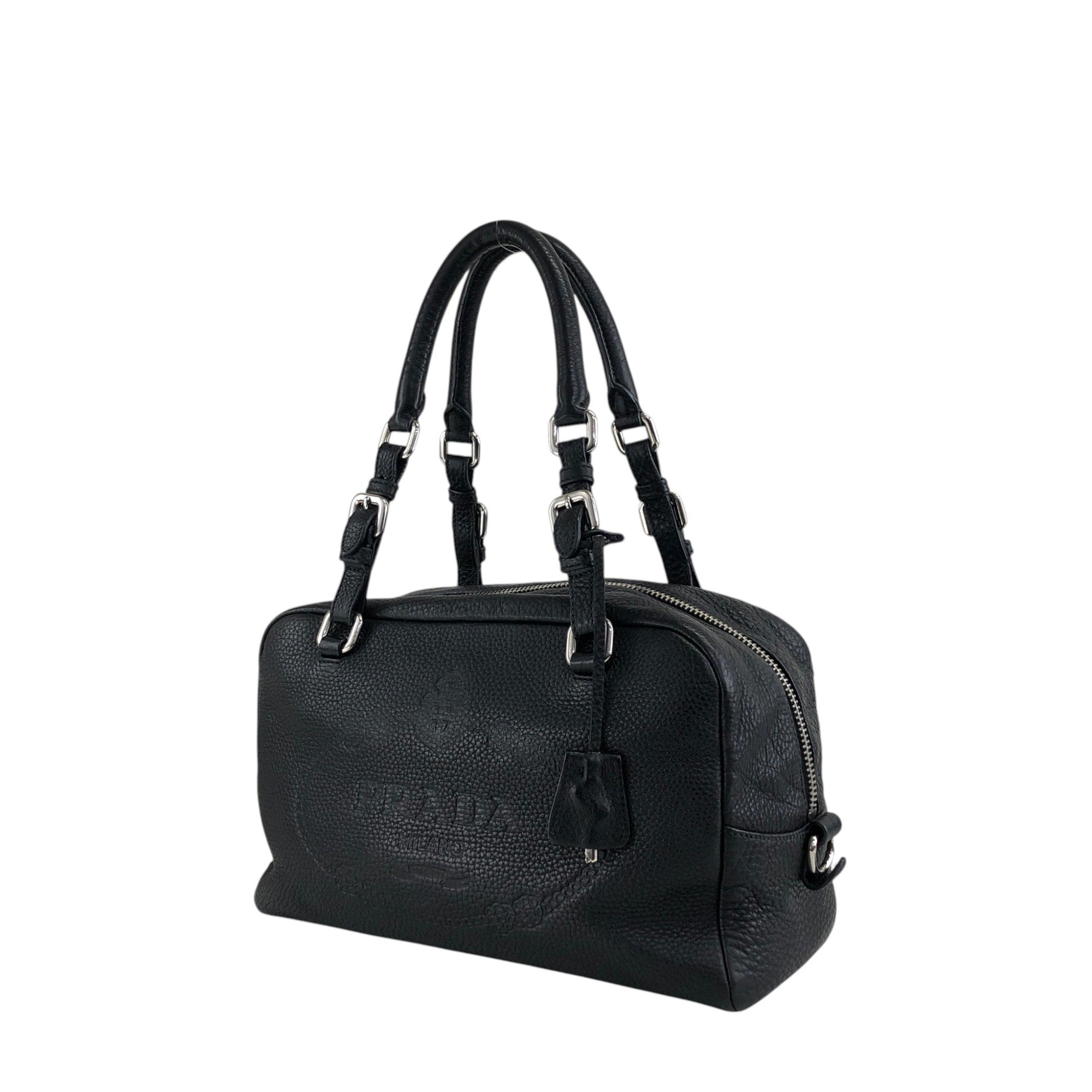 PRADA Logo Embossed Small Boston bag Handbag Black Vintage 2nb76v