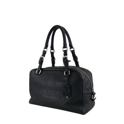 PRADA Logo Embossed Small Boston bag Handbag Black Vintage 2nb76v
