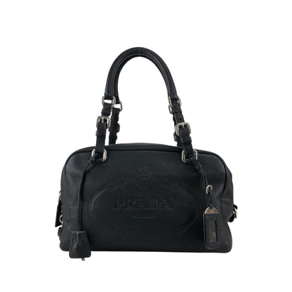 PRADA Logo Embossed Small Boston bag Handbag Black Vintage maefbu