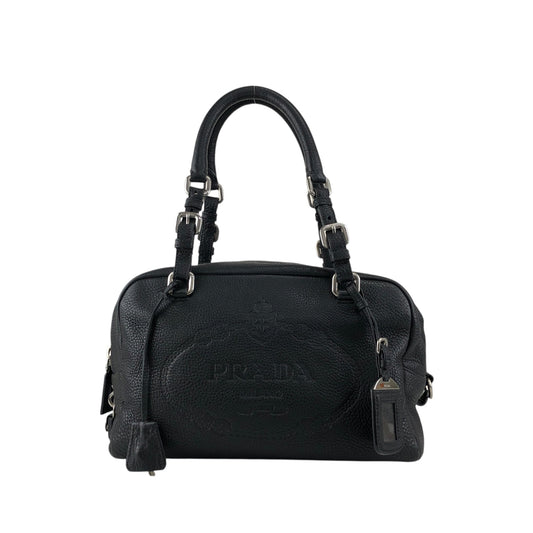 PRADA Logo Embossed Small Boston bag Handbag Black Vintage maefbu