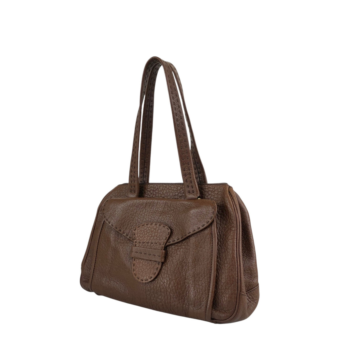 PRADA Triangle Logo Front Buckle Handbag Boston bag Brown Vintage v46bhc