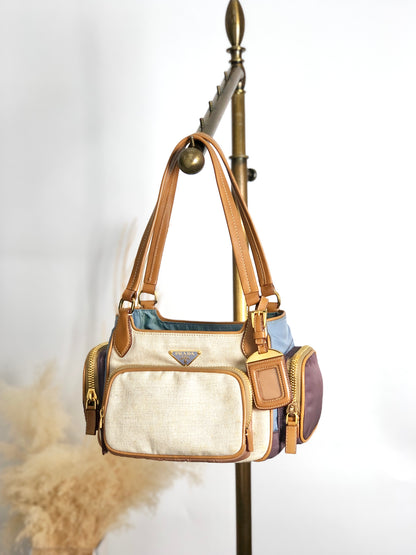 PRADA Triangle Logo Multi Pocket Handbag Totebag Beige×Blue Vintage fkki3a