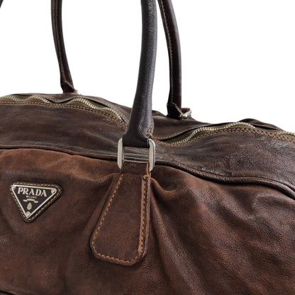PRADA Triangle Logo Handbag Boston bag Washed leather Brown Vintage 2umzpg