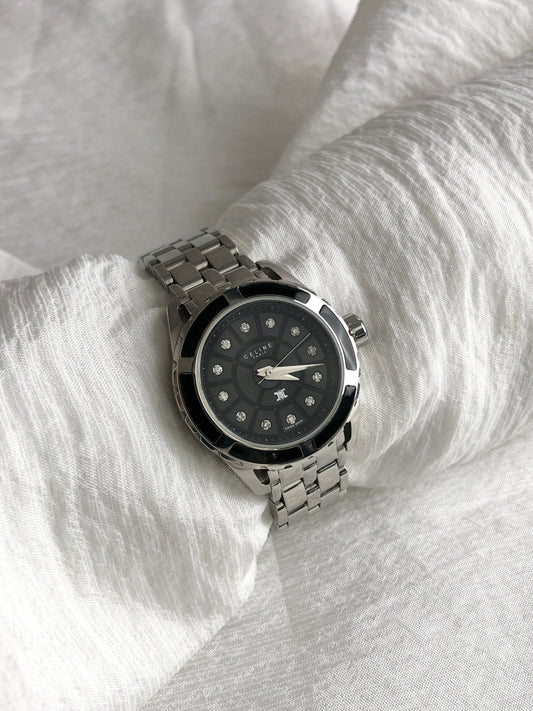 CELINE Blason Quartz Watch Silver×Black Vintage kdm68r