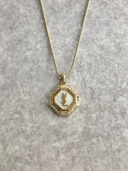 Yves Saint Laurent YSL Logo Rhinestone Necklace Gold Vintage p333yw