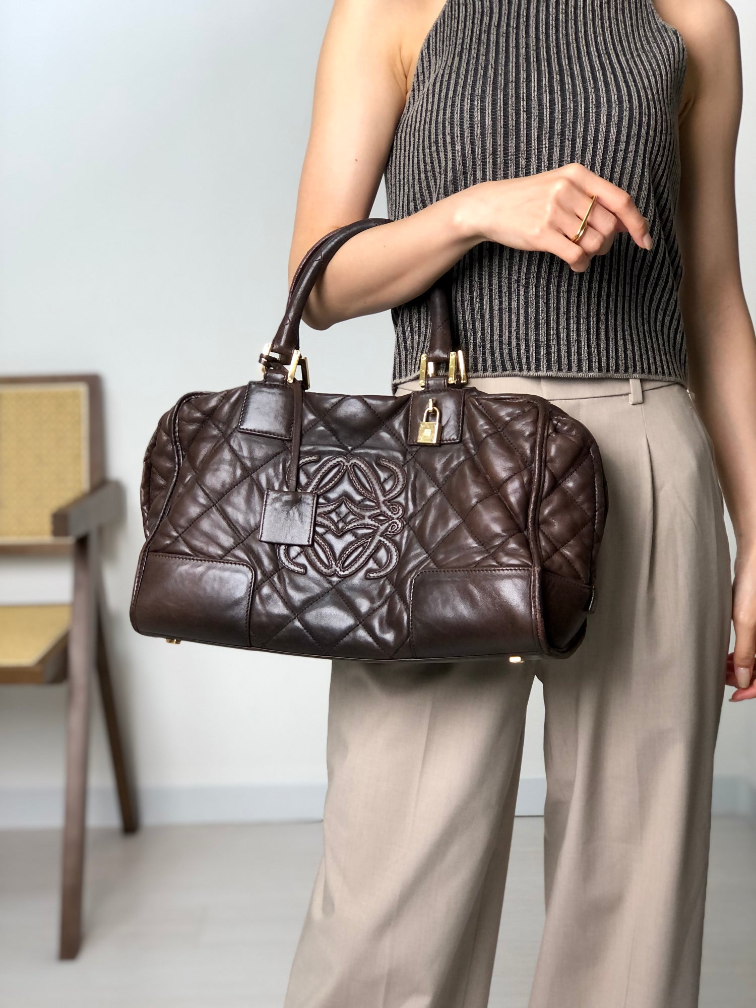 LOEWE Amazona Anagram Boston bag Handbag Brown Vintage