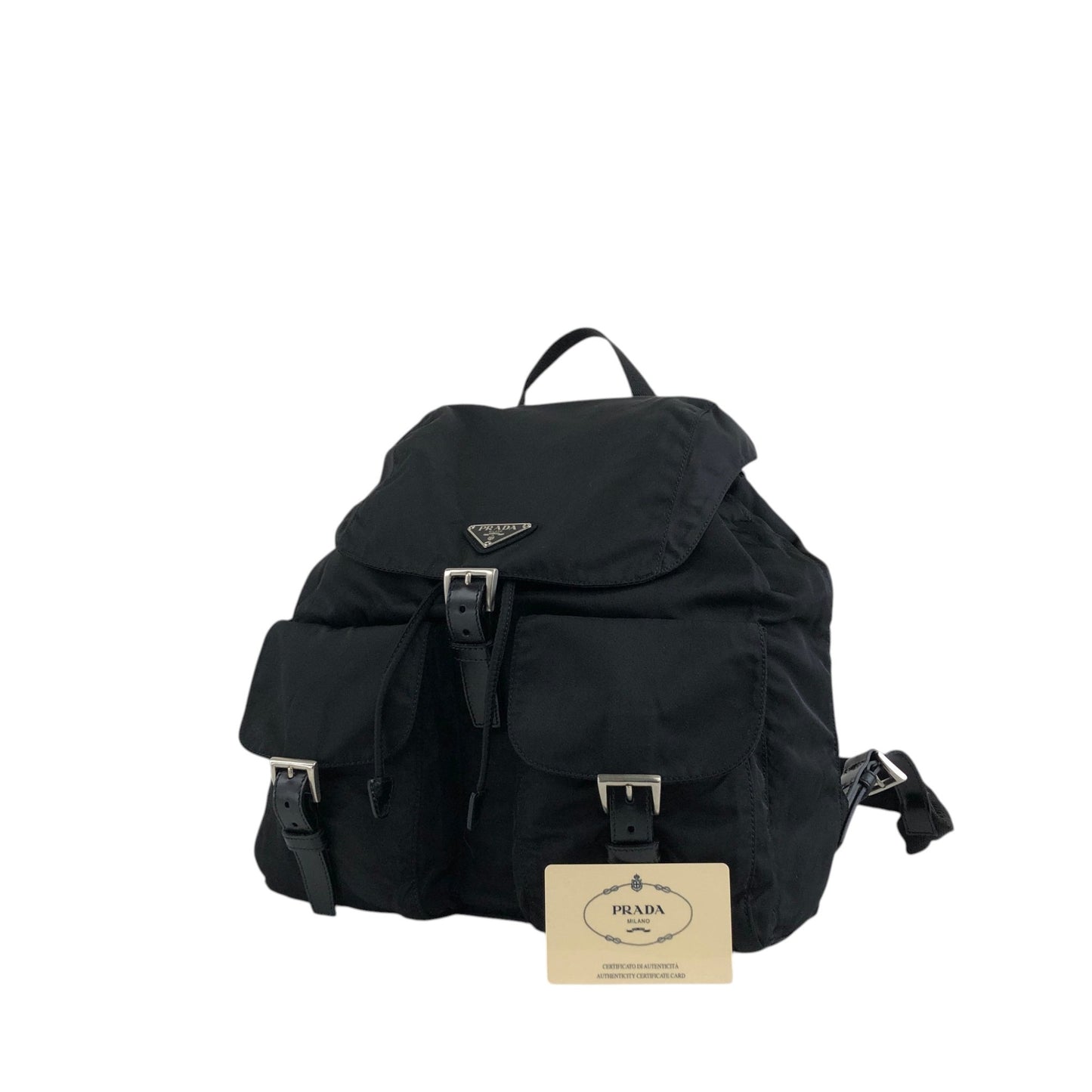 PRADA Tessuto Triangle Logo Front Buckle Double Pocket Backpack Black Vintage 5kjjr2