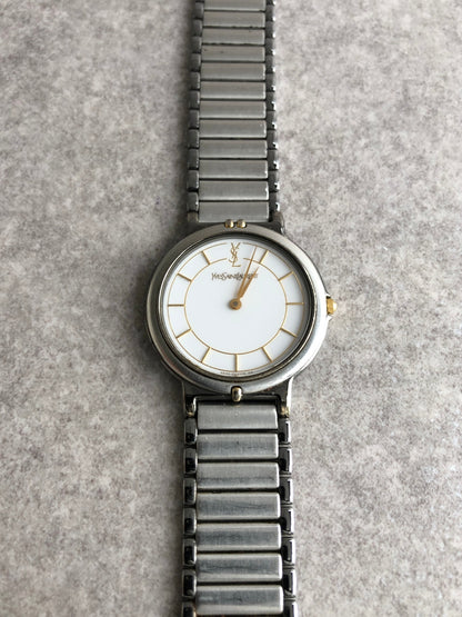 Yves Saint Laurent YSL Logo Quartz Watch Silver 4620-E62275 Vintage h6ftf2