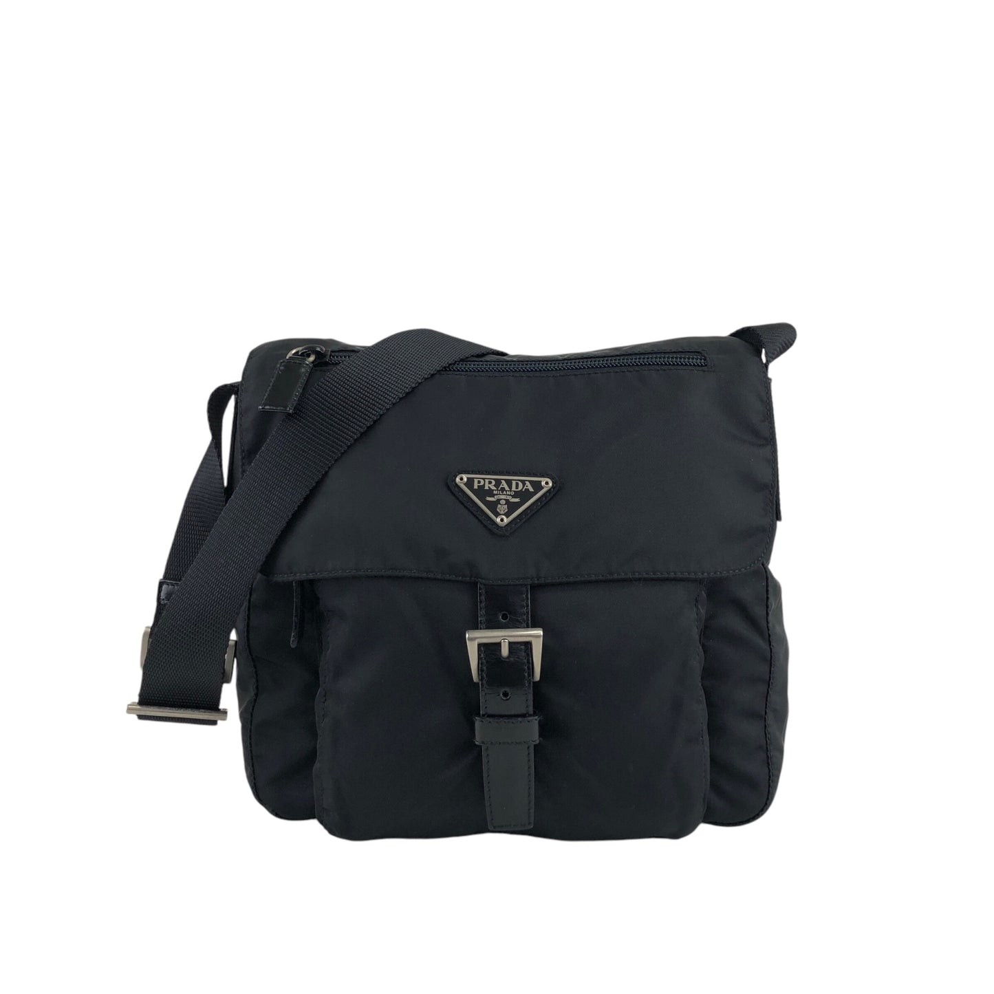 PRADA Triangle Logo Front Buckle Shoulder bag Black Vintage cxgmd6