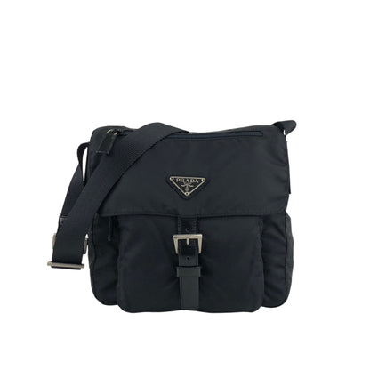 PRADA Triangle Logo Front Buckle Shoulder bag Black Vintage cxgmd6
