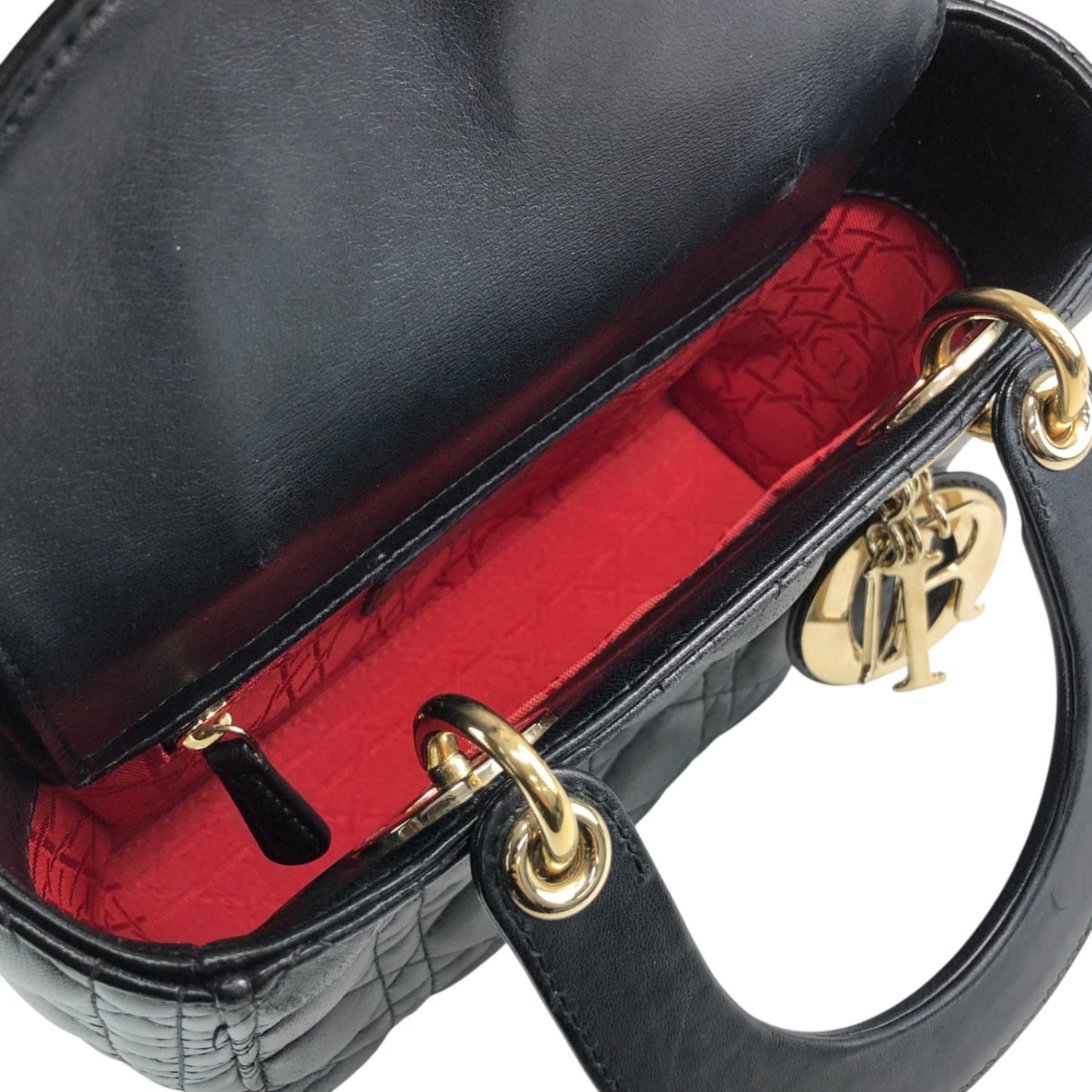 Christian Dior Lady Dior Cannage Logo Charm Handbag Black Vintage 885e65