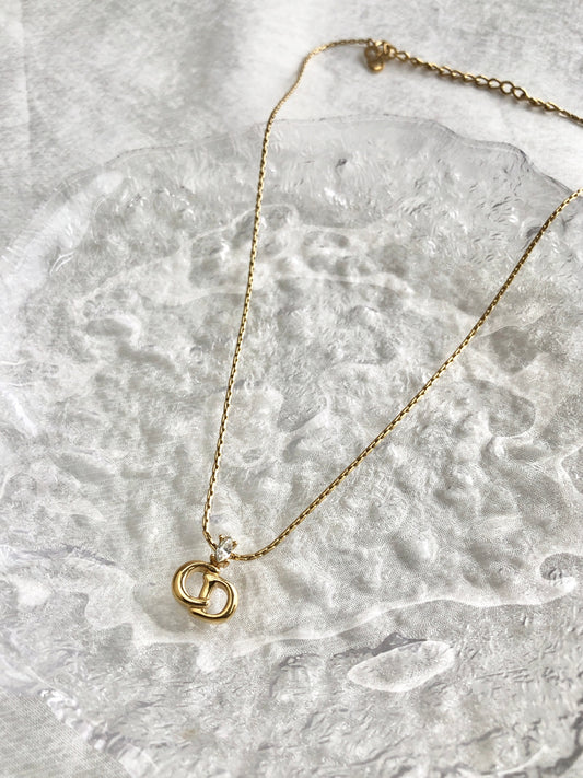 Christian Dior CD Logo Rhinestone Necklace Gold Vintage jh8nea