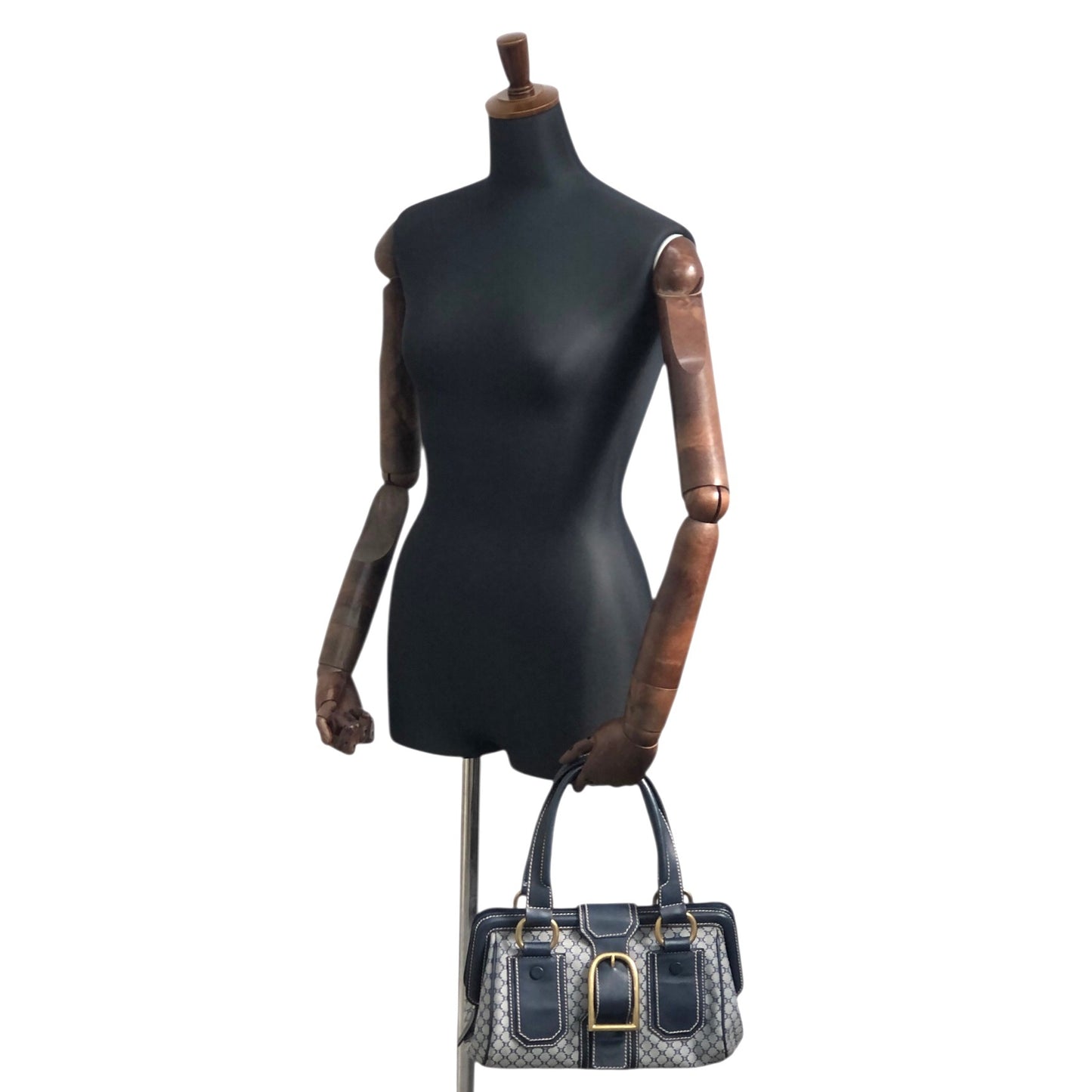 CELINE Blason Front Buckle Handbag Navy Vintage rk6nfn