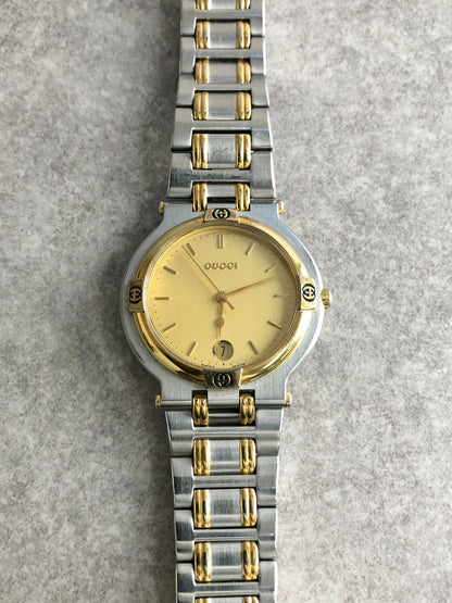 GUCCI Logo Quartz Watch Silver×Gold 9000G Vintage gmtubj