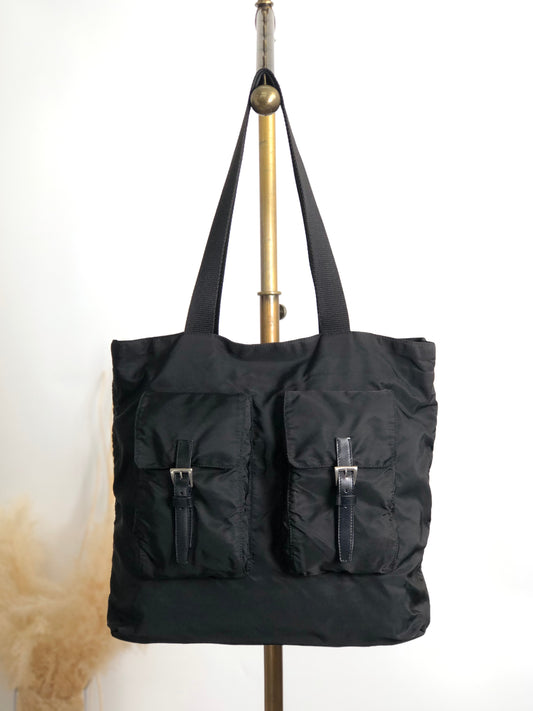 PRADA Tessuto Triangle Logo Double Pocket Totebag Black Vintage ui25rj