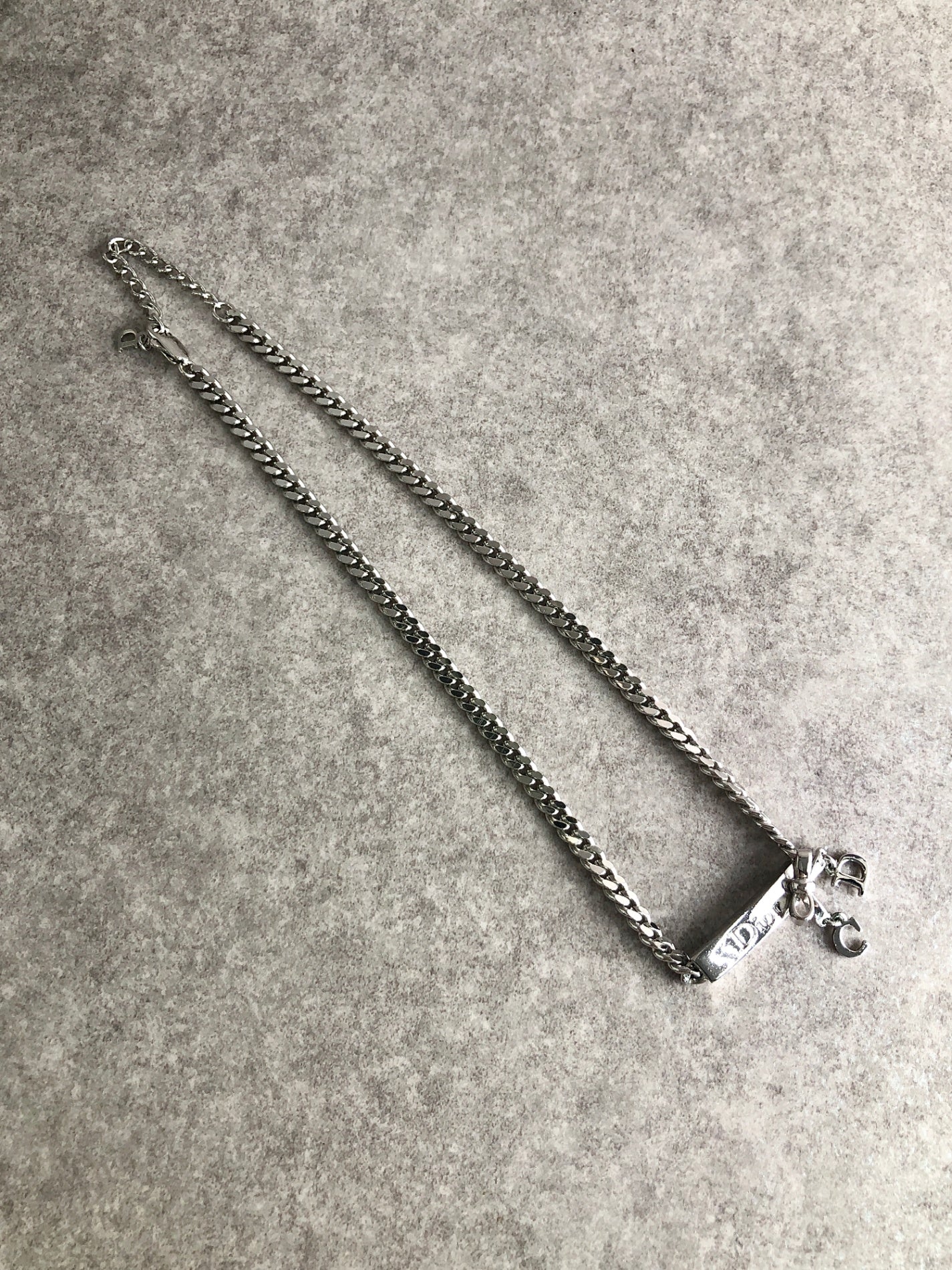 Christian Dior CD Logo Ribbon Motif Necklace Silver Vintage