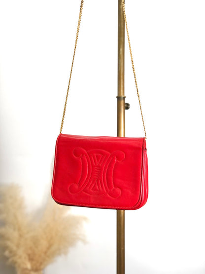 CELINE Triomphe Stitch Chain Shoulder bag Red Vintage 2vaduu