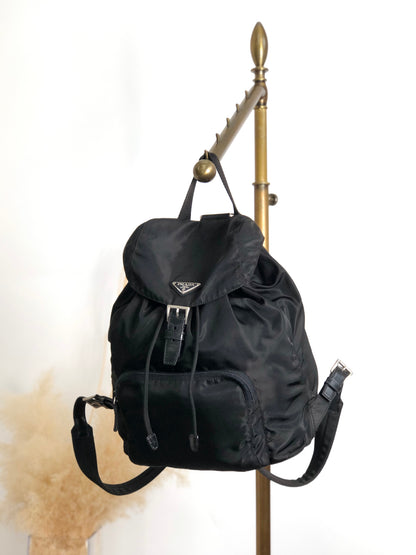 PRADA Tessuto Triangle Logo Front Buckle Backpack Black Vintage bde87k