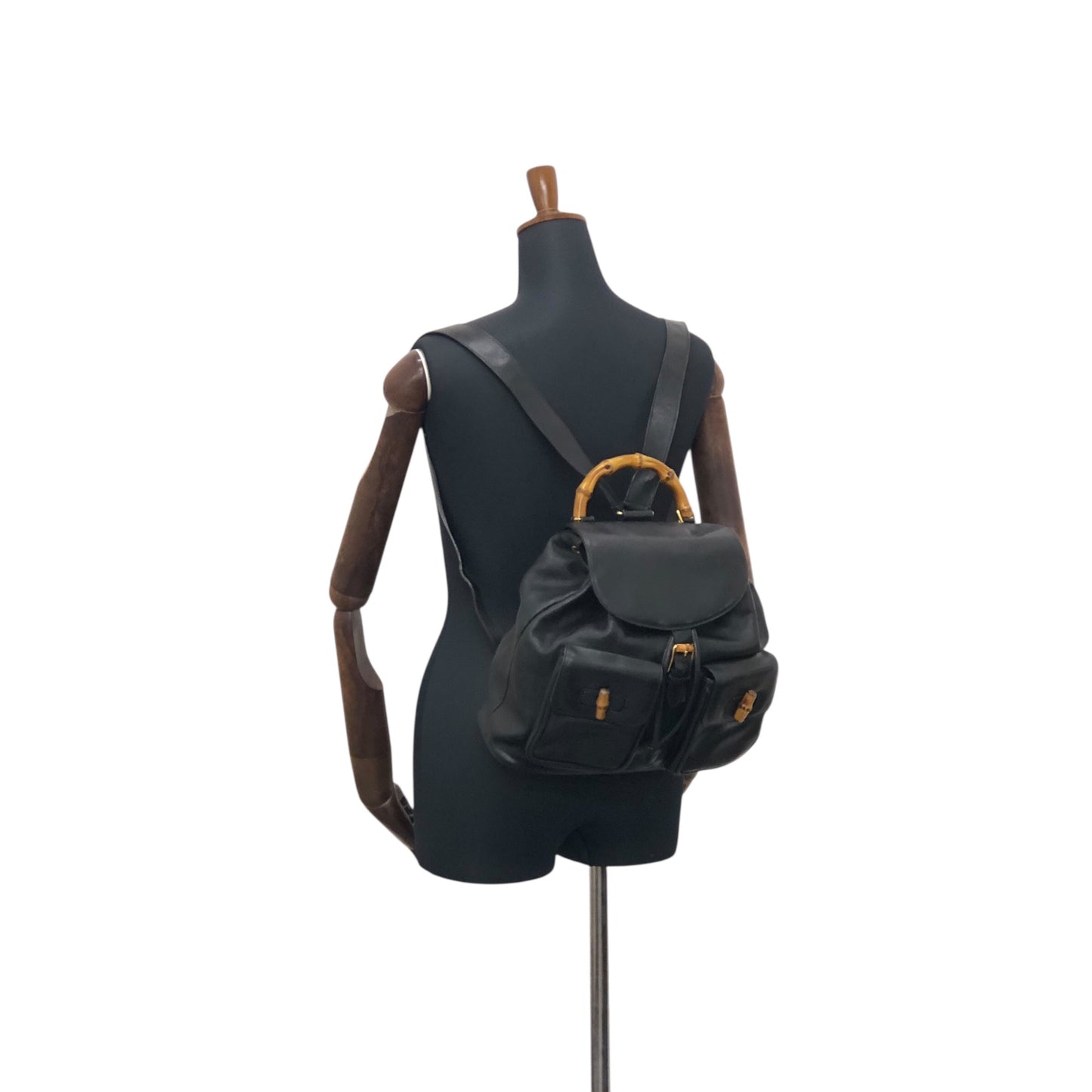 GUCCI Bamboo Front Buckle Backpack Black Vintage gaic2f