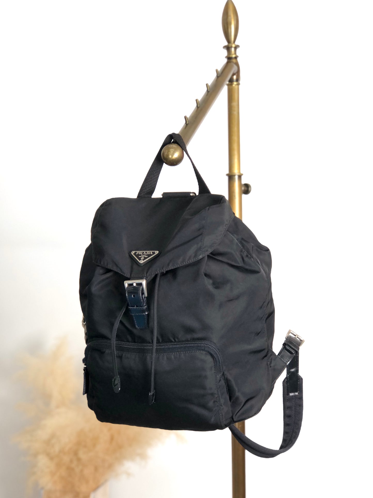 PRADA Tessuto Triangle Logo Front Buckle Front Pocket  Backpack Black Vintage 6abvn2