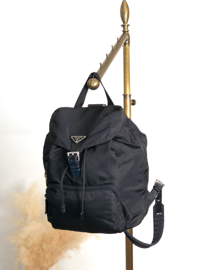 PRADA Tessuto Triangle Logo Front Buckle Front Pocket  Backpack Black Vintage 6abvn2