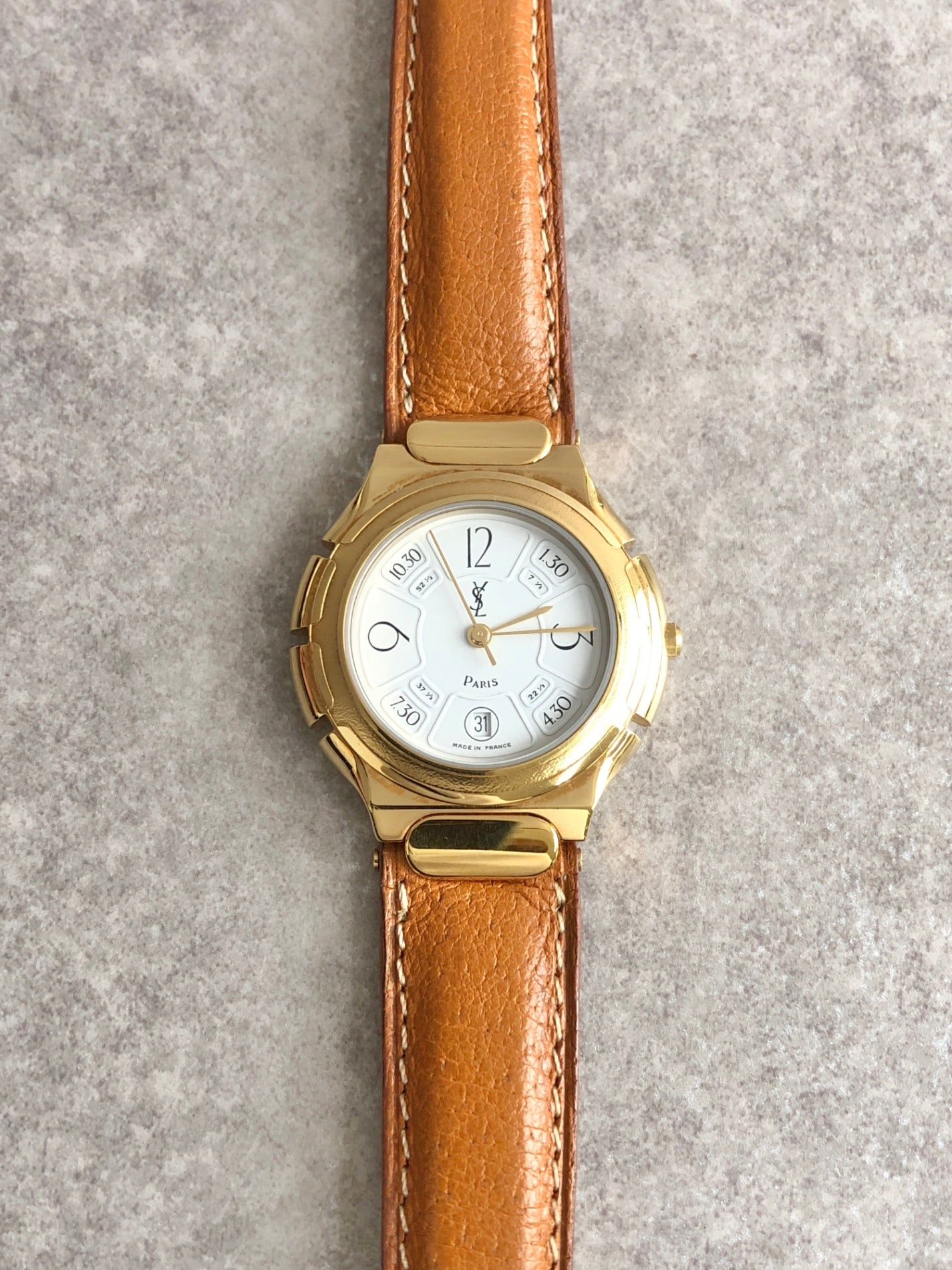 Yves Saint Laurent YSL Logo Quartz Watch Gold×Brown 518731 Vintage mmjgay