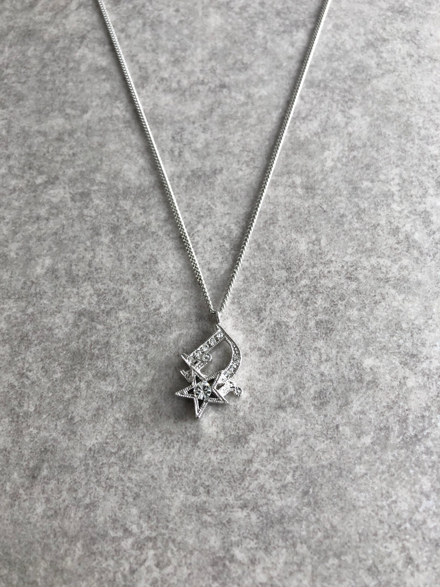 Christian Dior Logo Motif  Rhinestone Necklace Silver Vintage hhj37j