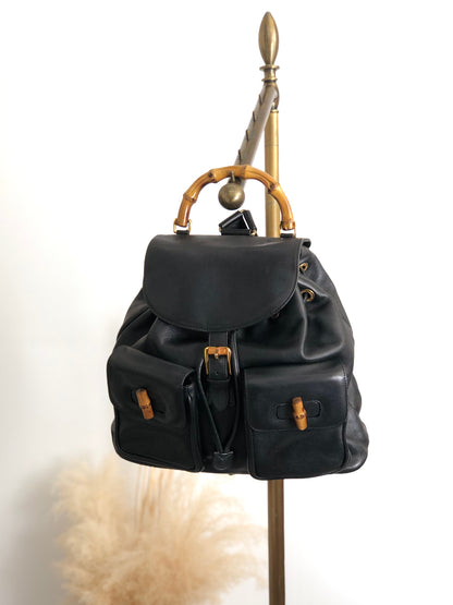 GUCCI Bamboo Front Buckle Backpack Black Vintage gaic2f
