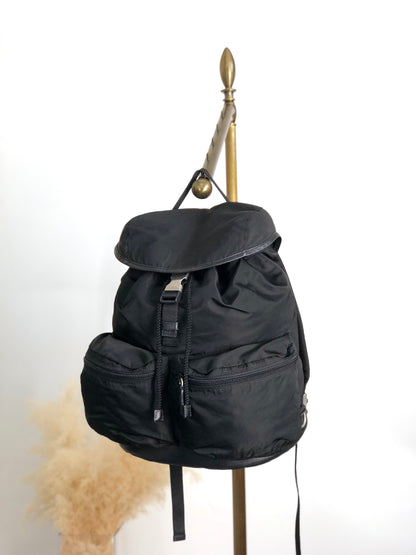 PRADA Tessuto Triangle Logo Front Buckle Double Pocket  Backpack Black Vintage ept4gf