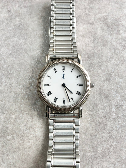 Yves Saint Laurent YSL Logo Quartz Watch Silver 4625-E67722 Vintage cuai7i