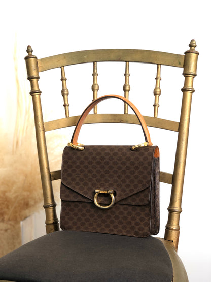 CELINE Macadam Horseshoe Double Flap Handbag Brown Vintage ypryyk