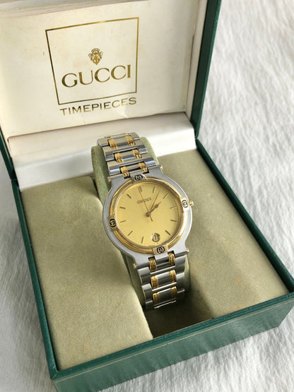 GUCCI Logo Quartz Watch Silver×Gold 9000G Vintage gmtubj