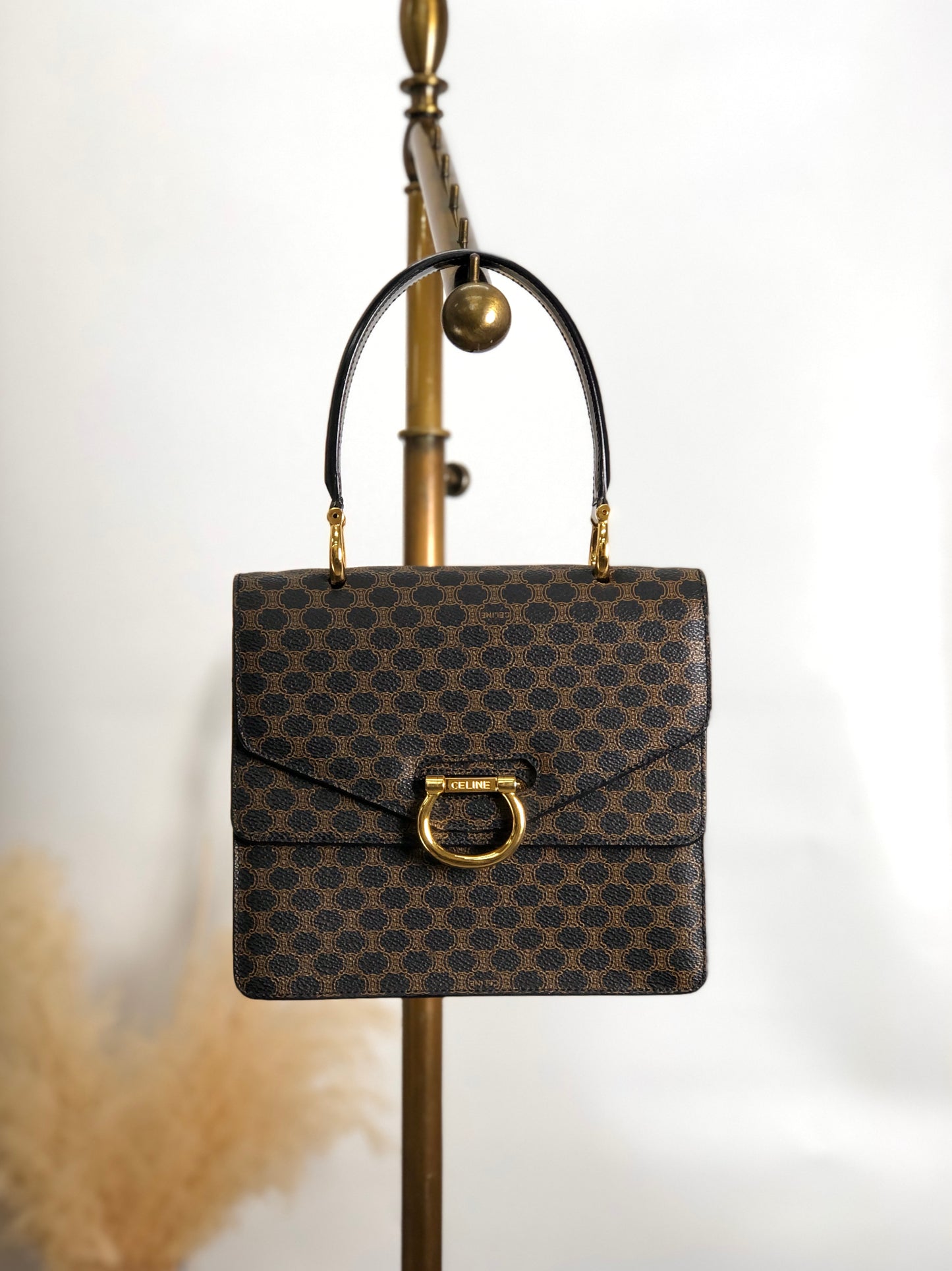 CELINE Macadam Horseshoe Double Flap Handbag Black Vintage eir5v4