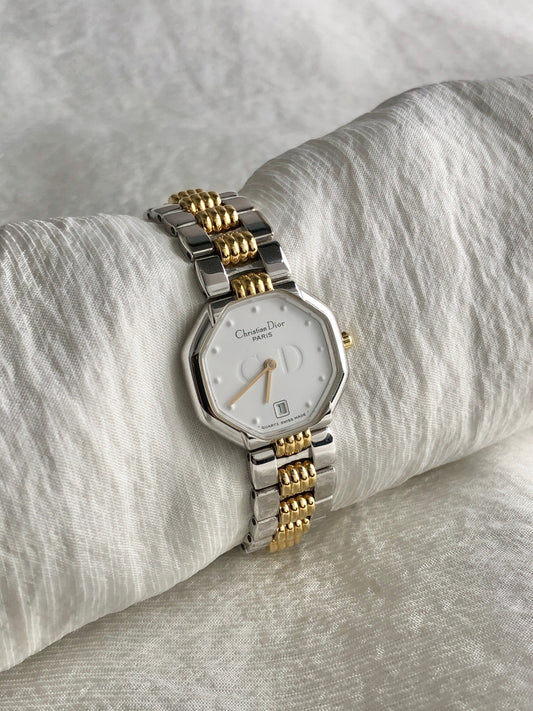Christian Dior Logo Quartz Watch Silver×Gold 48-203 Vintage p6k3w8