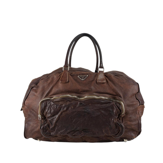 PRADA Triangle Logo Handbag Boston bag Washed leather Brown Vintage 2umzpg