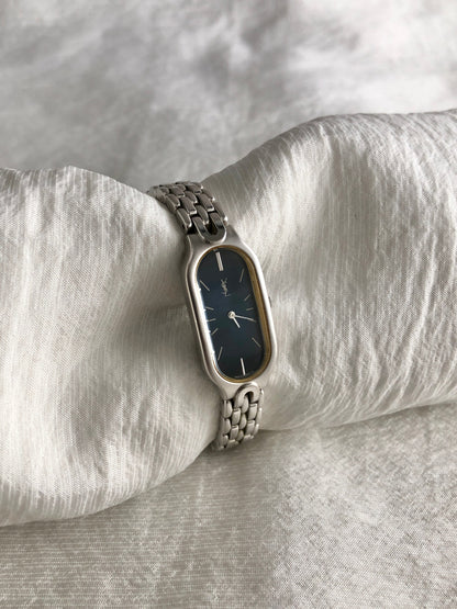 Yves Saint Laurent YSL Logo Quartz Watch Silver×Blue 5421-H08118 Vintage wiaeny