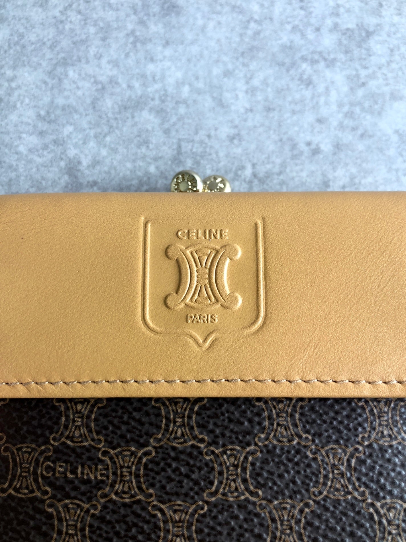 CELINE Macadam Blason Metal Clasp Folded Wallet Brown Vintage htr8be