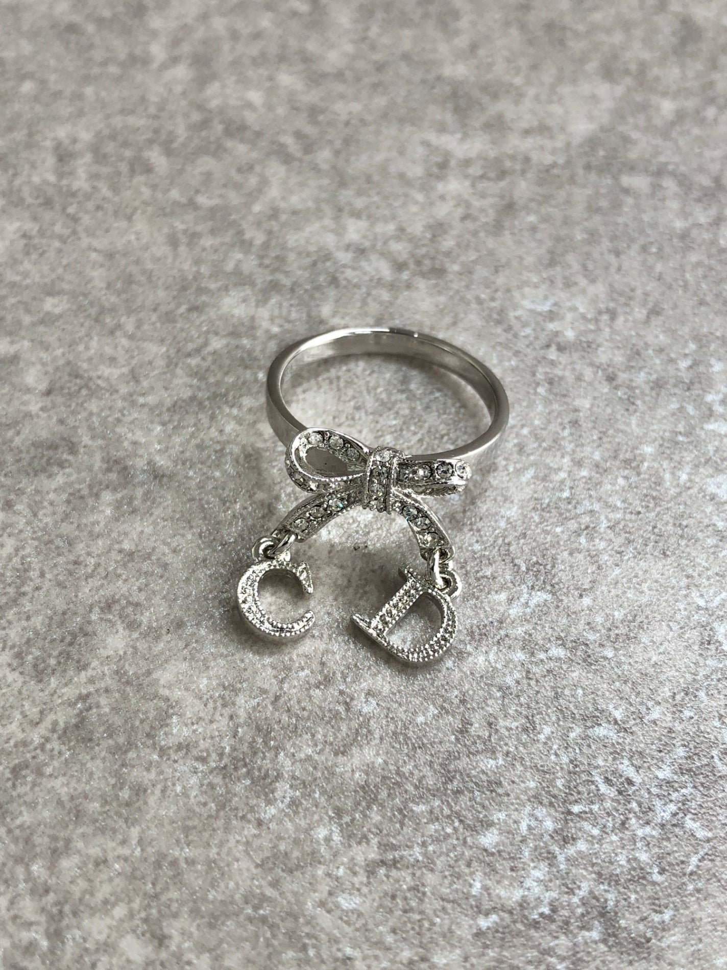 Christian Dior CD Logo Rhinestone Ribbon Motif Ring Silver Vintage