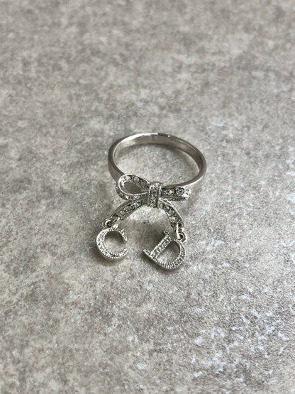 Christian Dior CD Logo Rhinestone Ribbon Motif Ring Silver Vintage kjtyg5